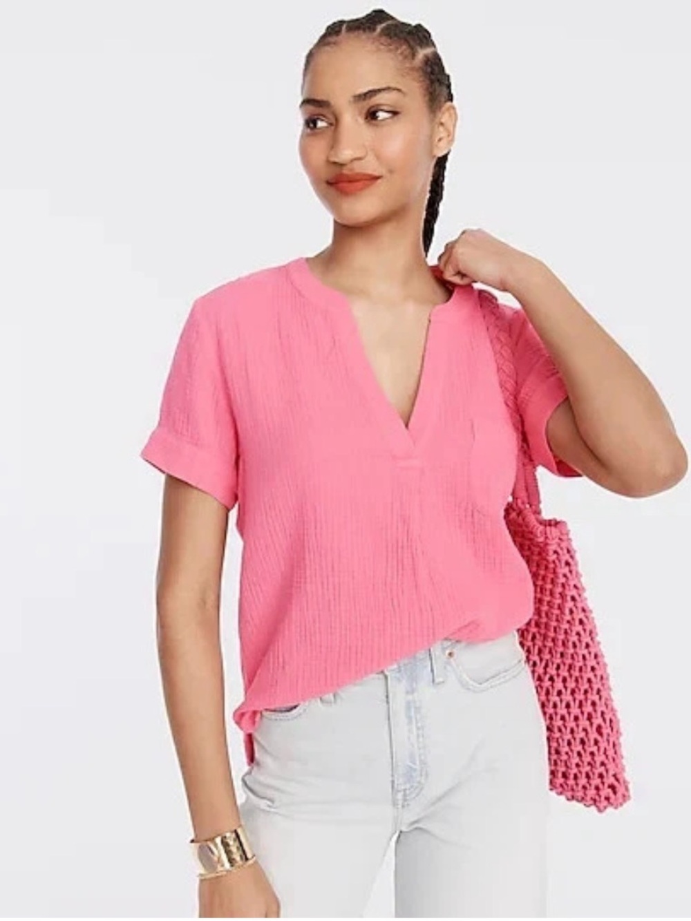 J. Crew V-neck Pink Popover Gauze Short Sleeve Top Size XS